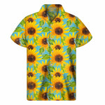 Blue Watercolor Sunflower Pattern Print Men's Short Sleeve Shirt