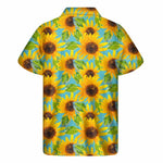 Blue Watercolor Sunflower Pattern Print Men's Short Sleeve Shirt