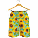 Blue Watercolor Sunflower Pattern Print Men's Shorts