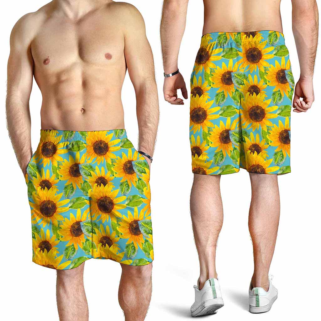 Blue Watercolor Sunflower Pattern Print Men's Shorts