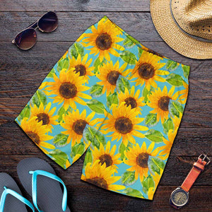 Blue Watercolor Sunflower Pattern Print Men's Shorts