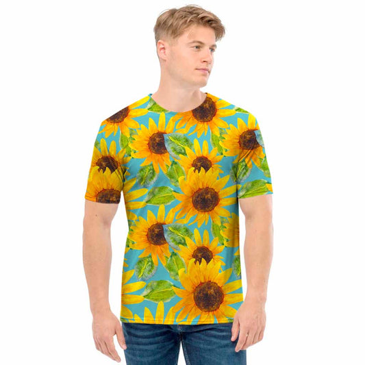 Blue Watercolor Sunflower Pattern Print Men's T-Shirt
