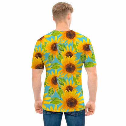 Blue Watercolor Sunflower Pattern Print Men's T-Shirt