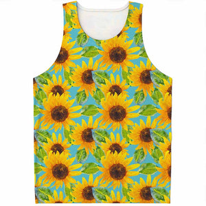 Blue Watercolor Sunflower Pattern Print Men's Tank Top