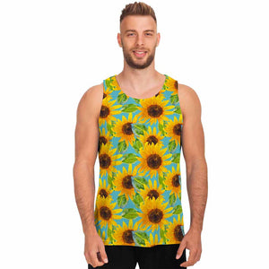 Blue Watercolor Sunflower Pattern Print Men's Tank Top