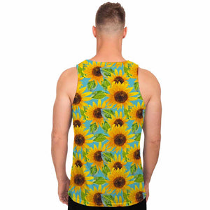 Blue Watercolor Sunflower Pattern Print Men's Tank Top