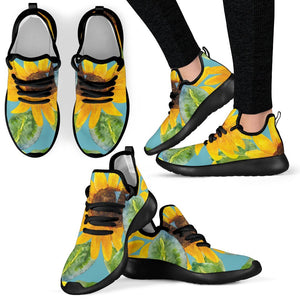 Blue Watercolor Sunflower Pattern Print Mesh Knit Shoes GearFrost