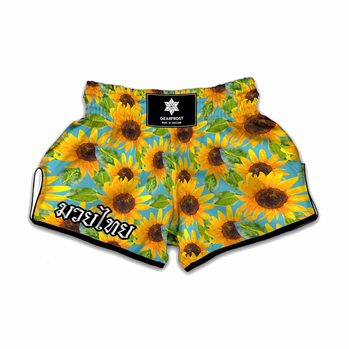 Blue Watercolor Sunflower Pattern Print Muay Thai Boxing Shorts