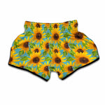 Blue Watercolor Sunflower Pattern Print Muay Thai Boxing Shorts