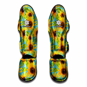 Blue Watercolor Sunflower Pattern Print Muay Thai Shin Guard