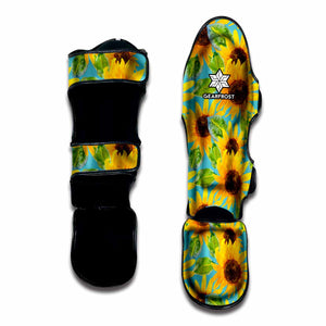 Blue Watercolor Sunflower Pattern Print Muay Thai Shin Guard