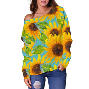 Blue Watercolor Sunflower Pattern Print Off Shoulder Sweatshirt GearFrost