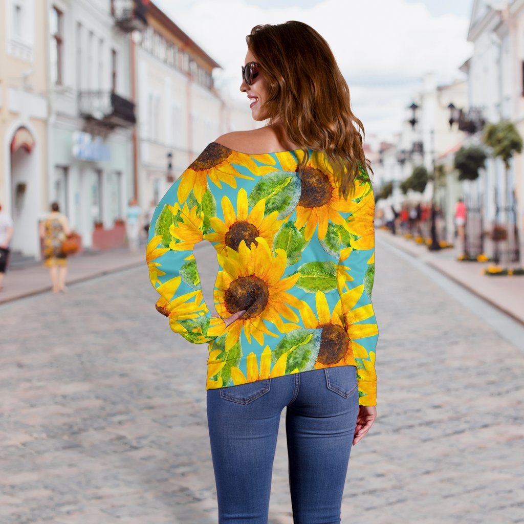 Blue Watercolor Sunflower Pattern Print Off Shoulder Sweatshirt GearFrost