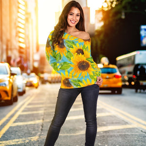 Blue Watercolor Sunflower Pattern Print Off Shoulder Sweatshirt GearFrost