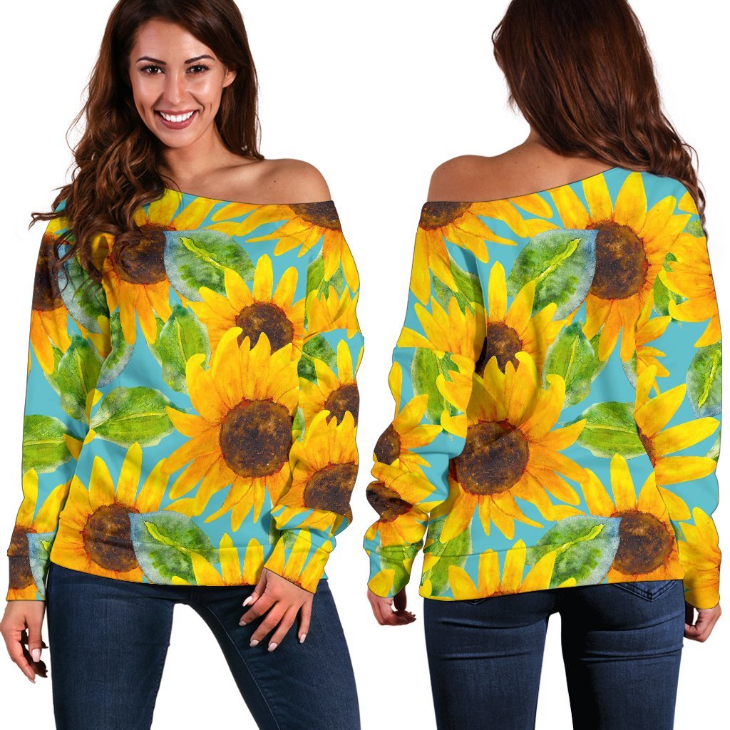Blue Watercolor Sunflower Pattern Print Off Shoulder Sweatshirt GearFrost