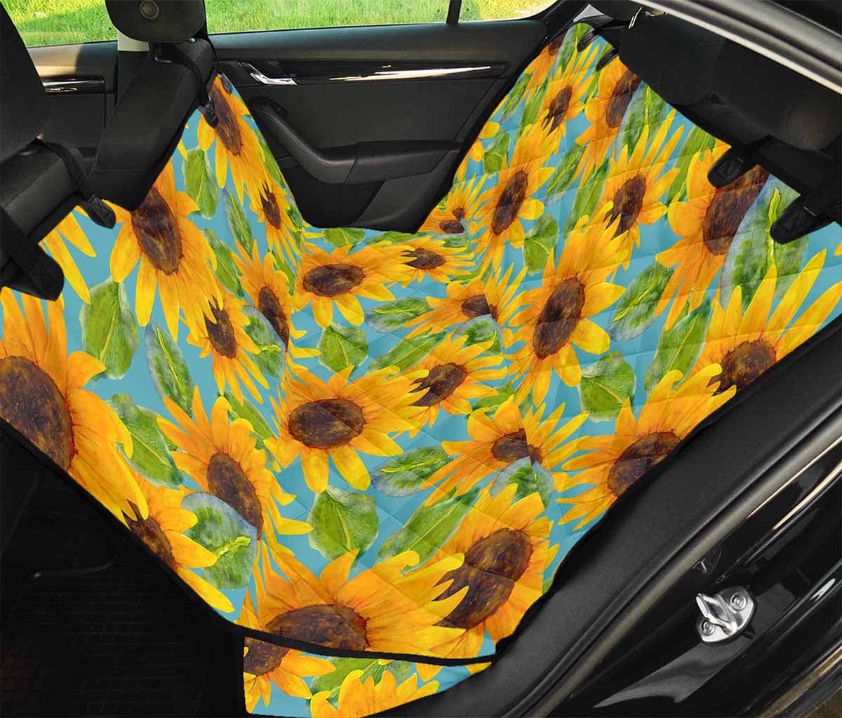 Blue Watercolor Sunflower Pattern Print Pet Car Back Seat Cover