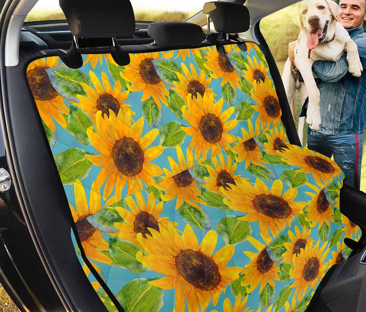 Blue Watercolor Sunflower Pattern Print Pet Car Back Seat Cover