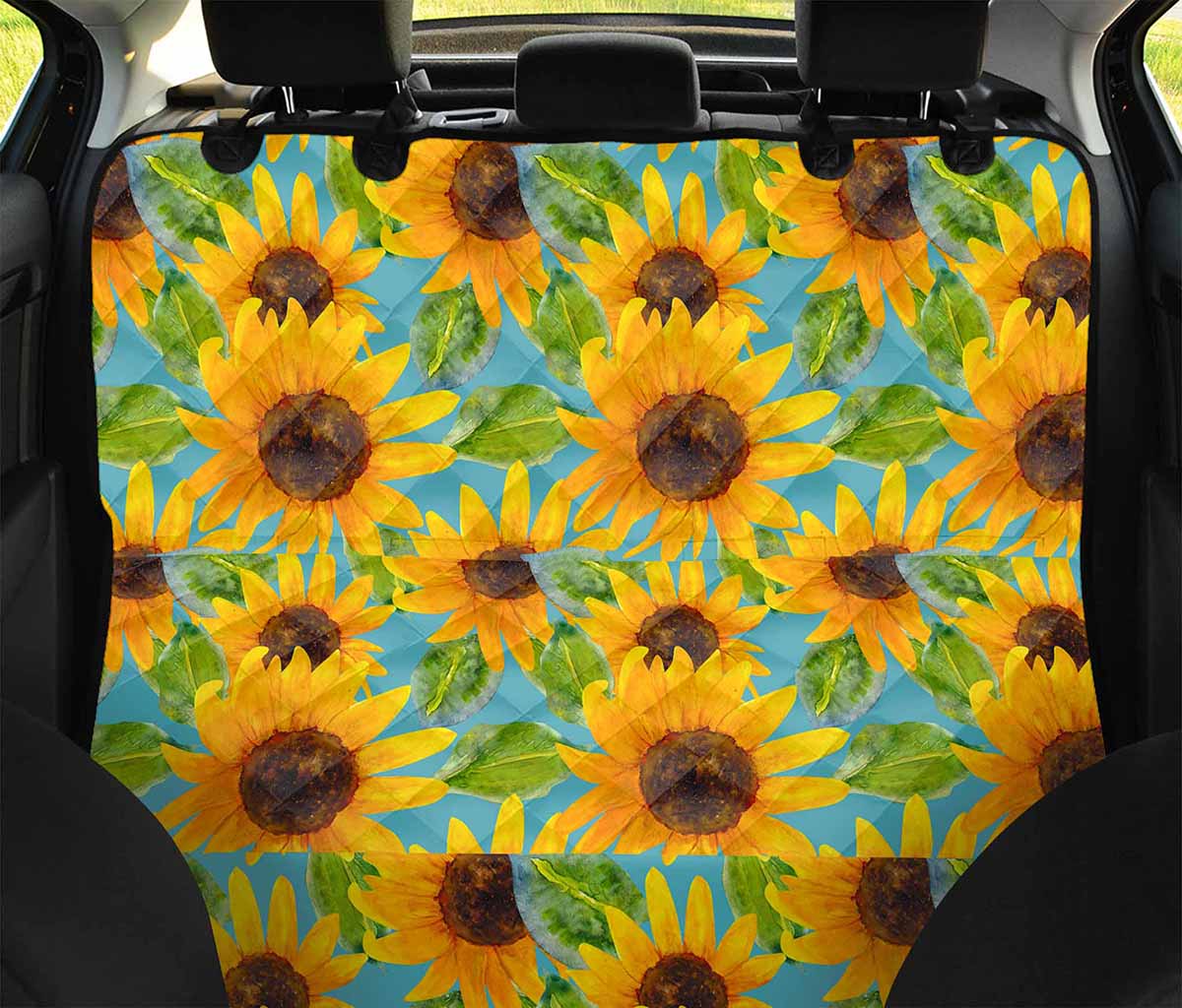 Blue Watercolor Sunflower Pattern Print Pet Car Back Seat Cover