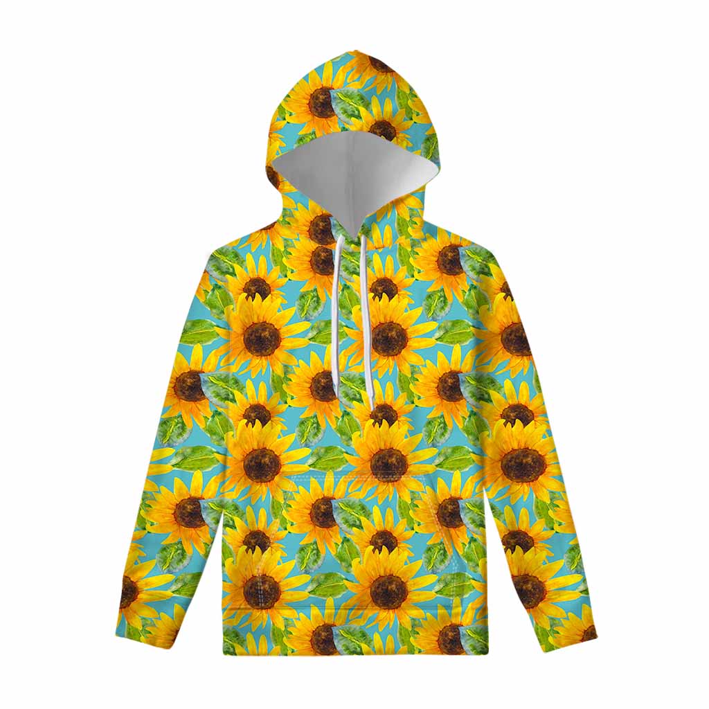 Blue Watercolor Sunflower Pattern Print Pullover Hoodie