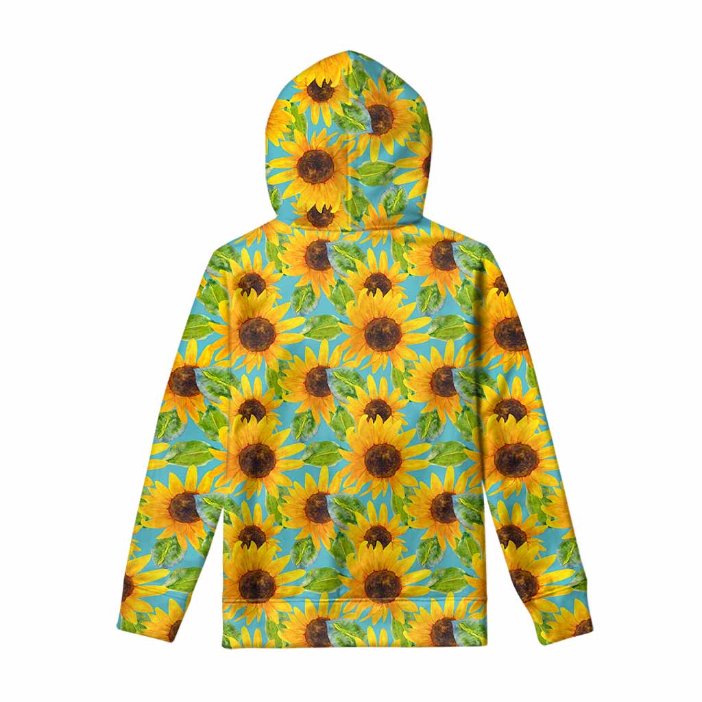 Blue Watercolor Sunflower Pattern Print Pullover Hoodie