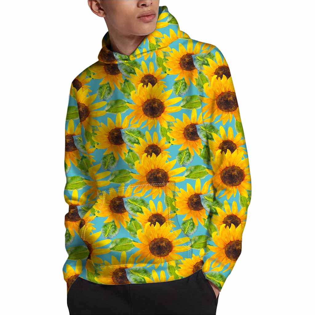 Blue Watercolor Sunflower Pattern Print Pullover Hoodie