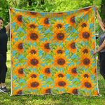 Blue Watercolor Sunflower Pattern Print Quilt