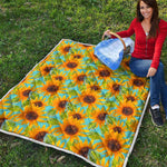 Blue Watercolor Sunflower Pattern Print Quilt