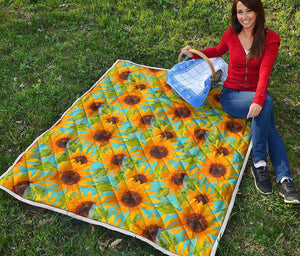 Blue Watercolor Sunflower Pattern Print Quilt