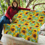 Blue Watercolor Sunflower Pattern Print Quilt