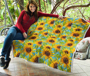 Blue Watercolor Sunflower Pattern Print Quilt