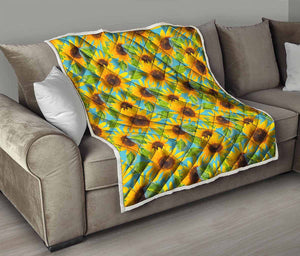 Blue Watercolor Sunflower Pattern Print Quilt