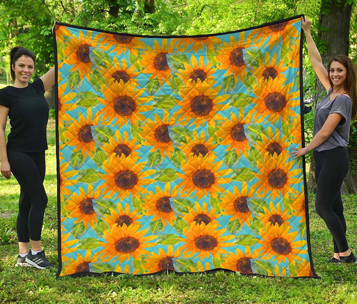 Blue Watercolor Sunflower Pattern Print Quilt