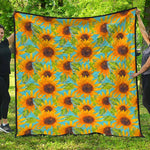 Blue Watercolor Sunflower Pattern Print Quilt