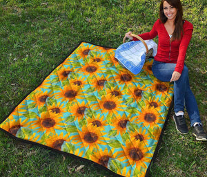 Blue Watercolor Sunflower Pattern Print Quilt