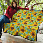 Blue Watercolor Sunflower Pattern Print Quilt