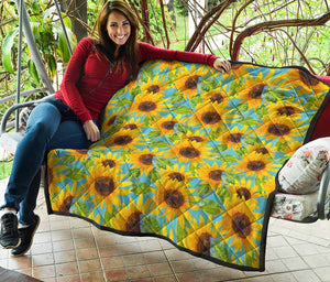 Blue Watercolor Sunflower Pattern Print Quilt