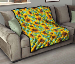 Blue Watercolor Sunflower Pattern Print Quilt