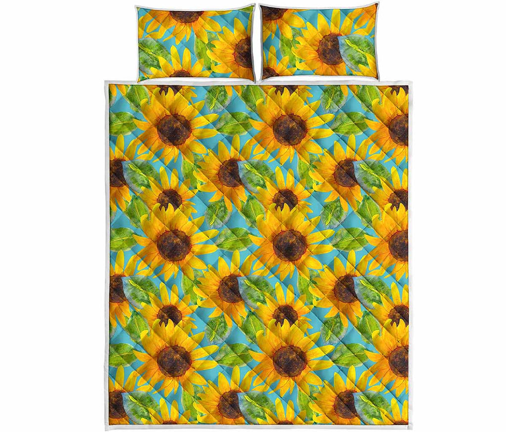 Blue Watercolor Sunflower Pattern Print Quilt Bed Set