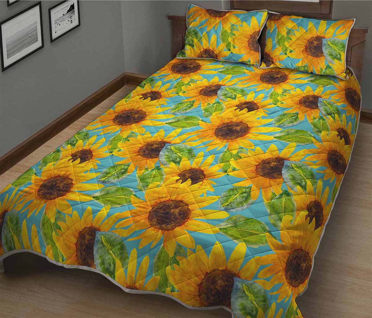 Blue Watercolor Sunflower Pattern Print Quilt Bed Set