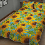 Blue Watercolor Sunflower Pattern Print Quilt Bed Set