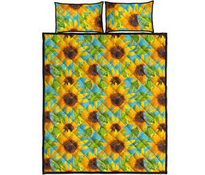 Blue Watercolor Sunflower Pattern Print Quilt Bed Set