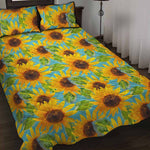 Blue Watercolor Sunflower Pattern Print Quilt Bed Set