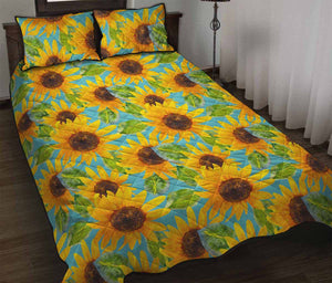 Blue Watercolor Sunflower Pattern Print Quilt Bed Set