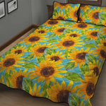 Blue Watercolor Sunflower Pattern Print Quilt Bed Set