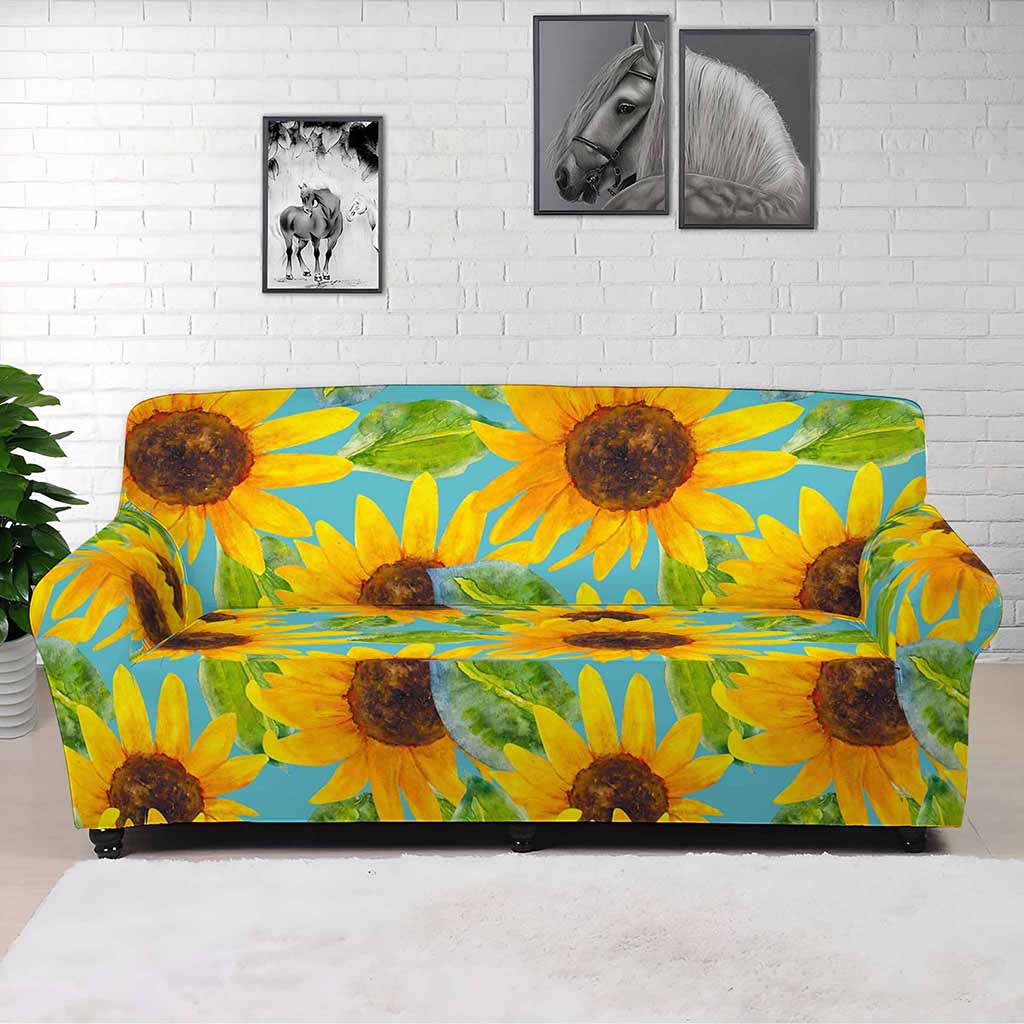 Blue Watercolor Sunflower Pattern Print Sofa Cover