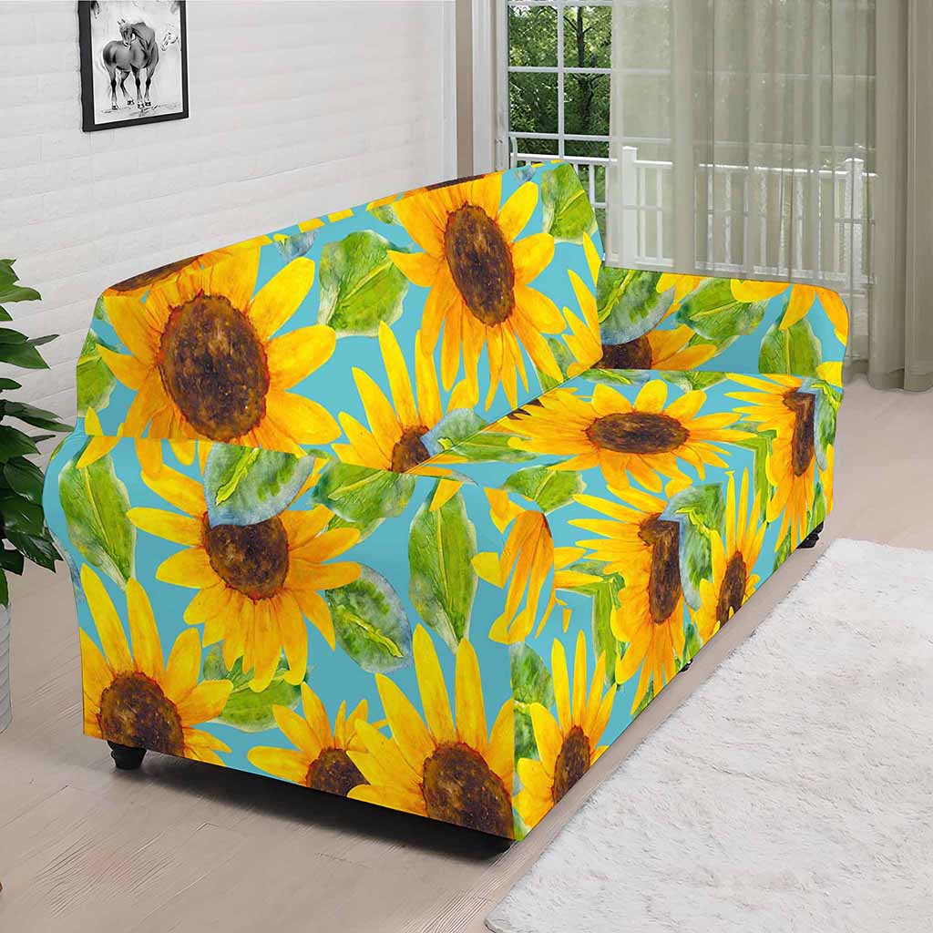 Blue Watercolor Sunflower Pattern Print Sofa Cover