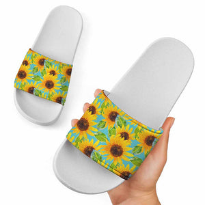 Blue Watercolor Sunflower Pattern Print White Slide Sandals