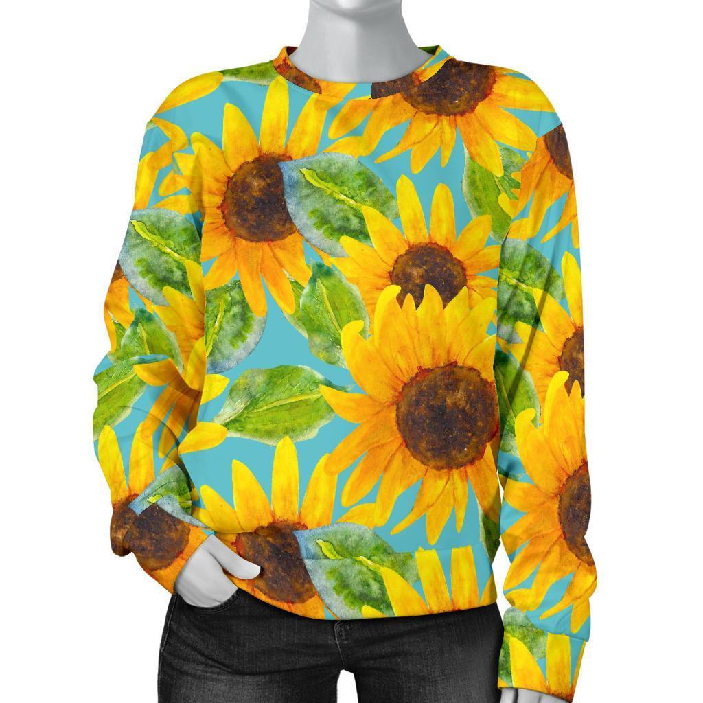 Blue Watercolor Sunflower Pattern Print Women's Crewneck Sweatshirt GearFrost