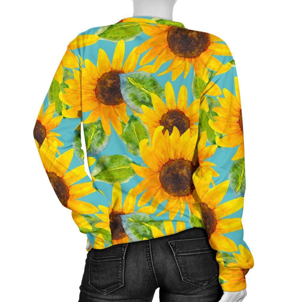 Blue Watercolor Sunflower Pattern Print Women's Crewneck Sweatshirt GearFrost