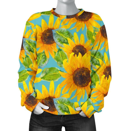 Blue Watercolor Sunflower Pattern Print Women's Crewneck Sweatshirt GearFrost
